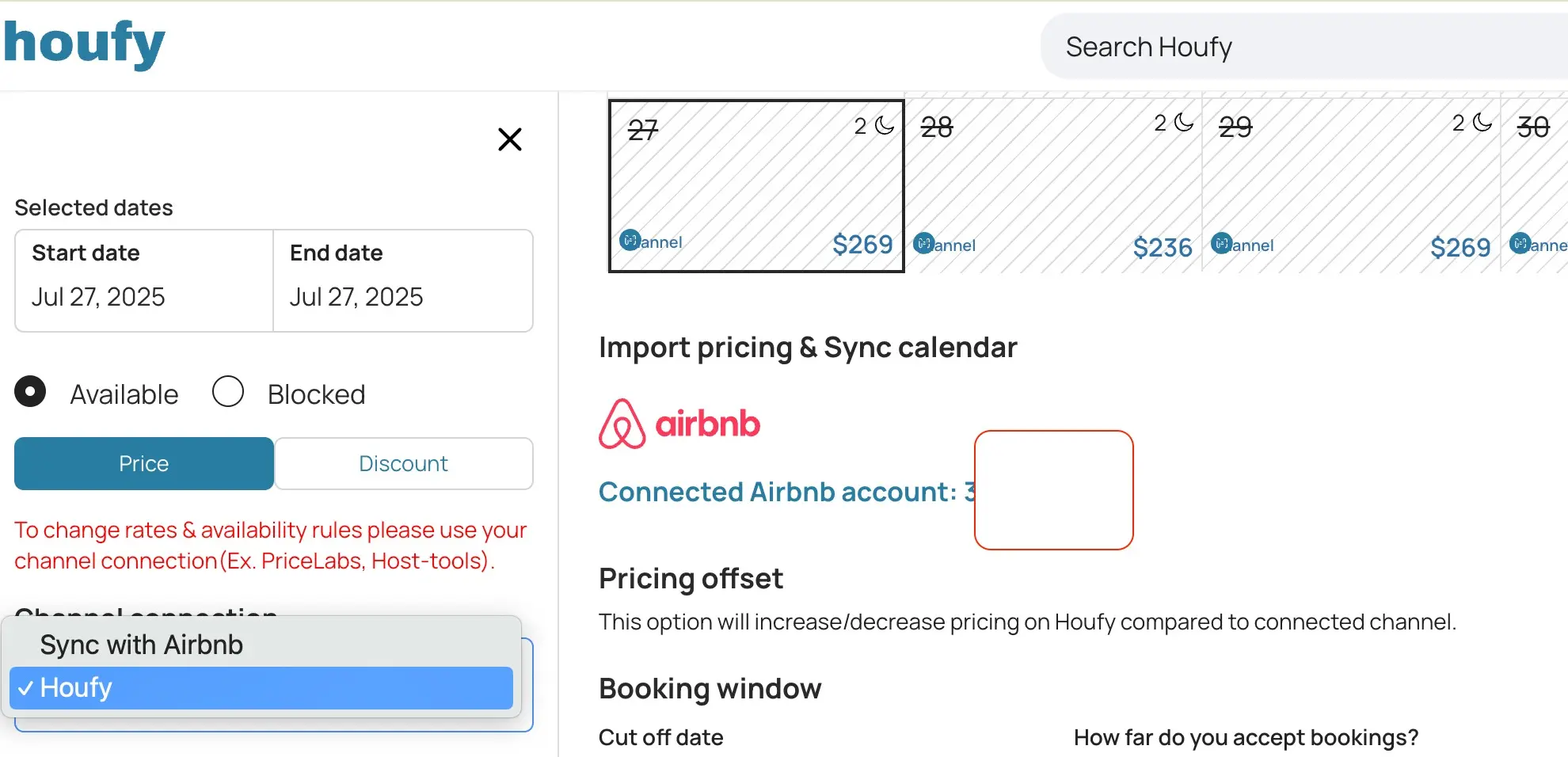 How do I unblock the dates on Houfy when using Airbnb connection?