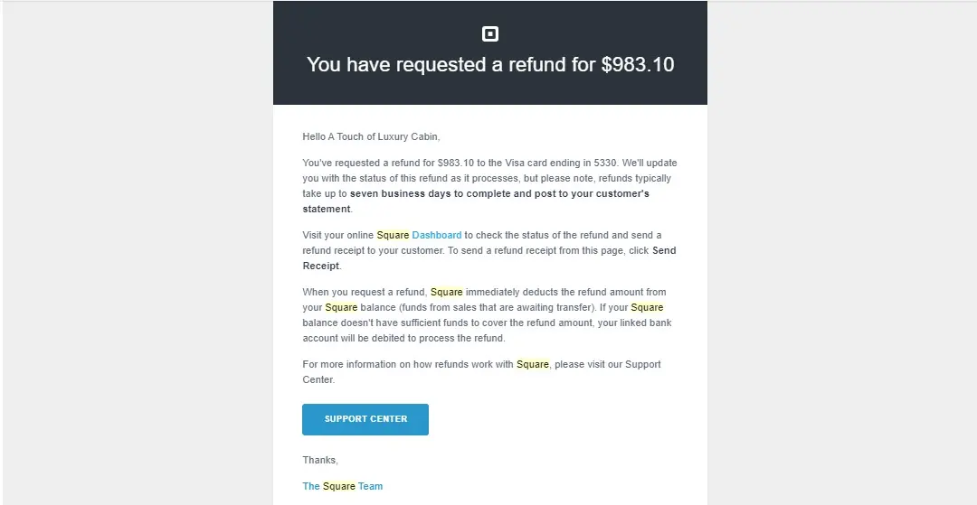 Square refunds completed via Houfy